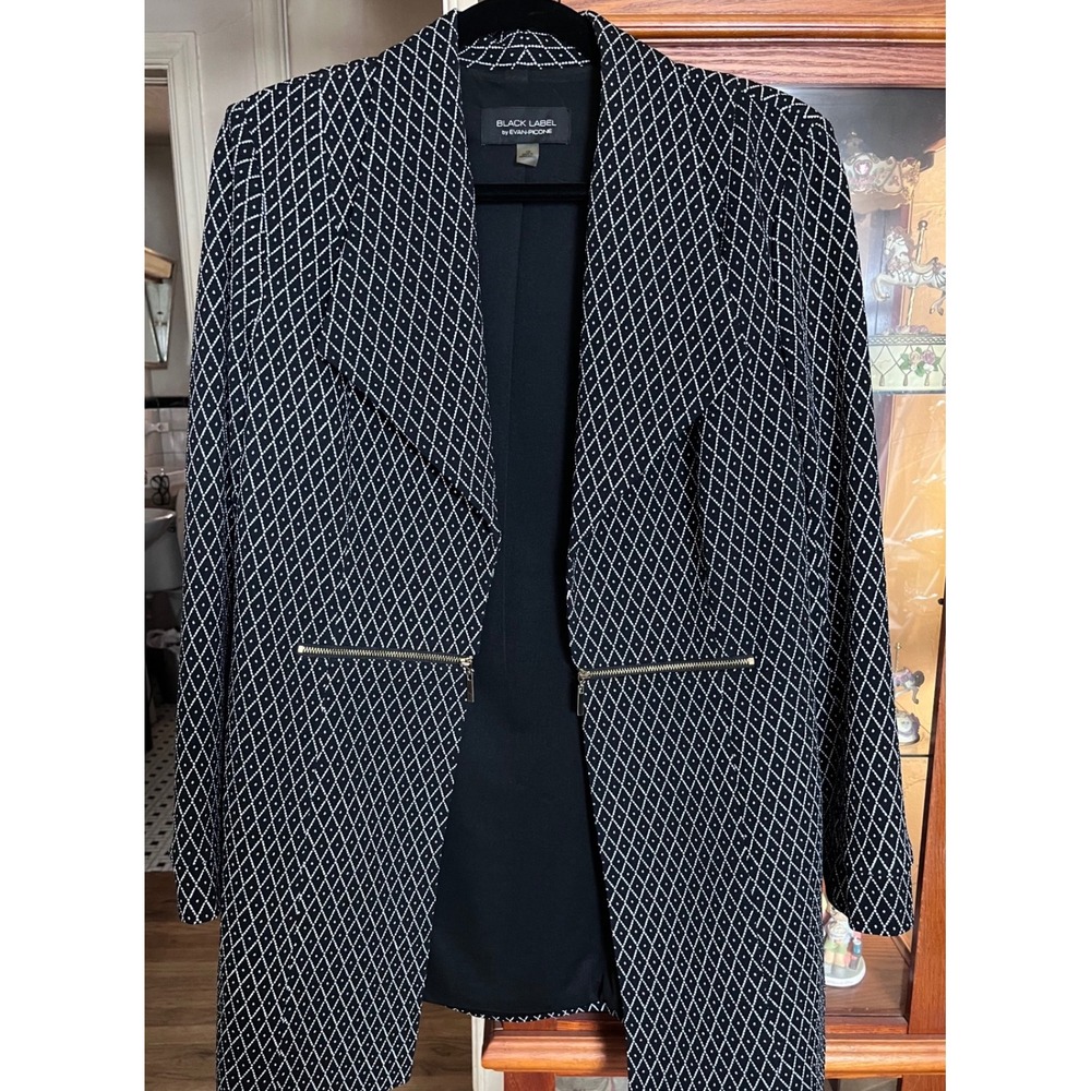 Black Label by Evan-Picone Women Black White Diamond Zipper Blazer Jacket 10